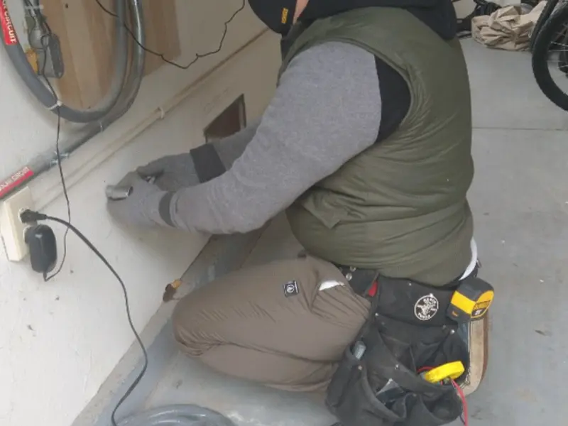Electrician performing outlet wiring in a Dothan garage